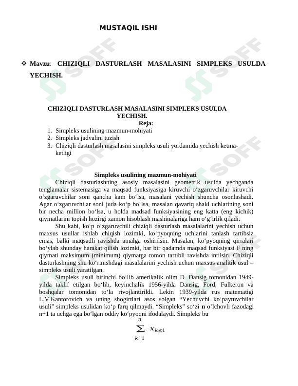 CHIZIQLI DASTURLASH MASALASINI SIMPLEKS USULDA YECHISH.