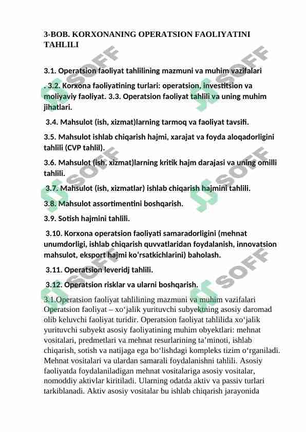 KORXONANING OPERATSION FAOLIYATINI TAHLILI