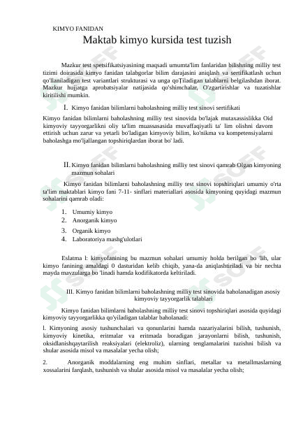 Kimyo fanidan test tuzish .