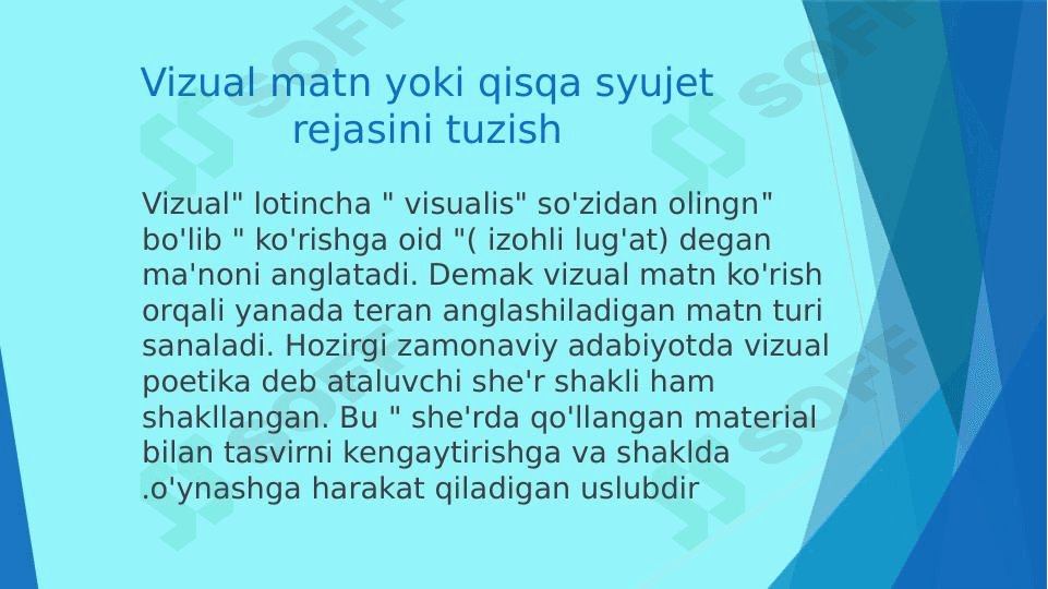 Vizual matn yoki qisqa syujet rejasini tuzish(fotografiya, video...