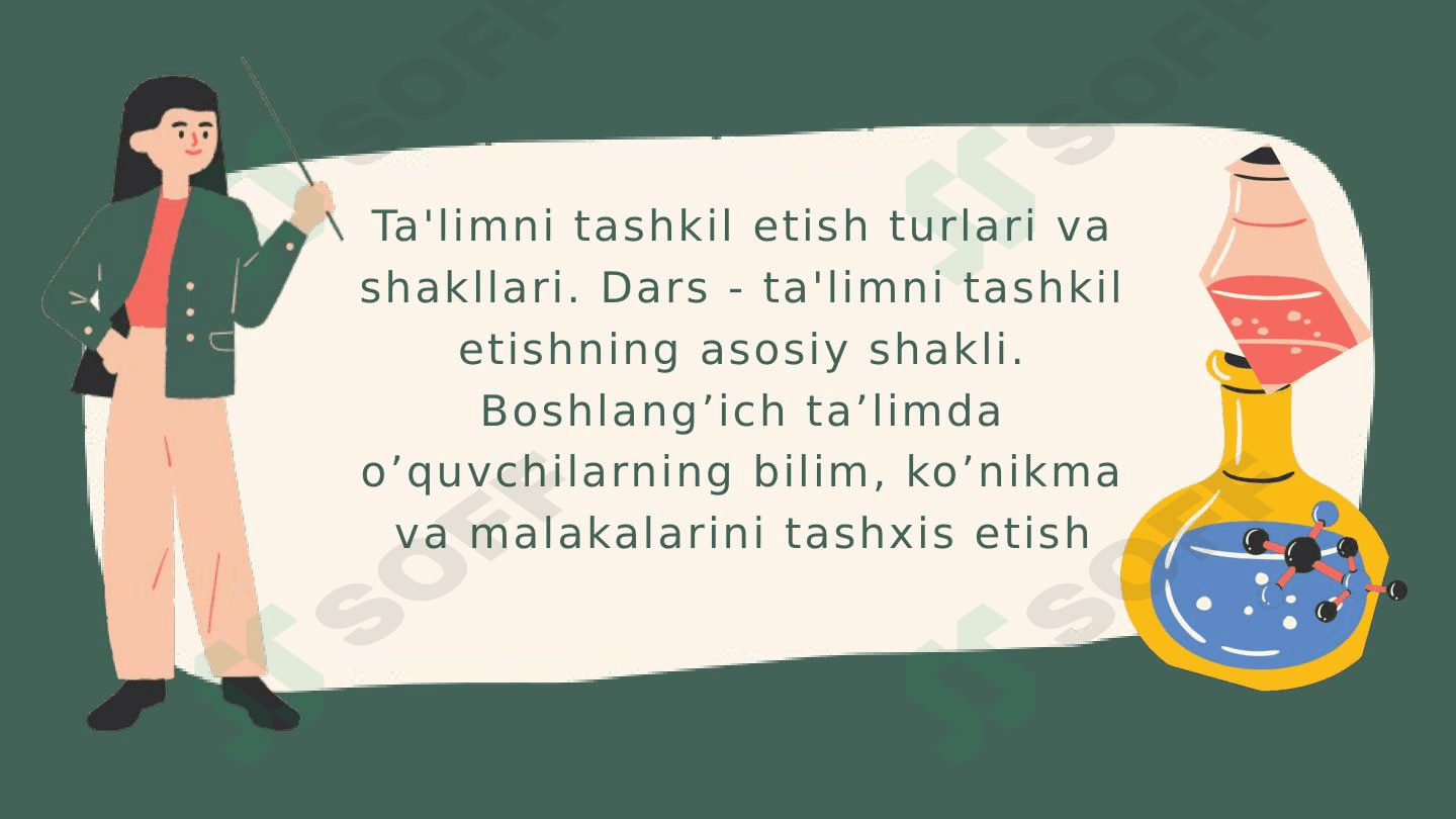 Ta'limni tashkil etish turlari va shakllari. Dars - ta'limni tashkil etishning asosiy shakli. Boshlang’ich ta’limda o’quvchilarning bilim, ko’nikma va malakalarini tashxis etish