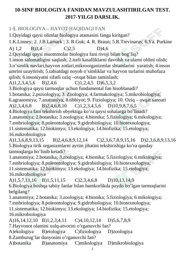 Biologiya fanidan mavzulashtirilgan testlar
