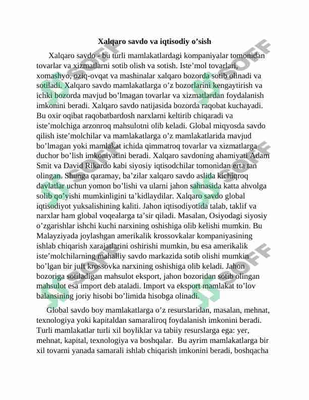 Xalqaro savdo va iqtisodiy o’sish