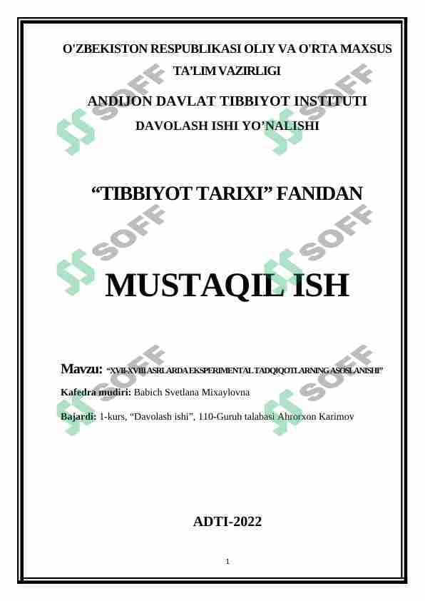 XVII-XVIII ASRLARDA EKSPERIMENTAL TADQIQOTLARNING ASOSLANISHI
