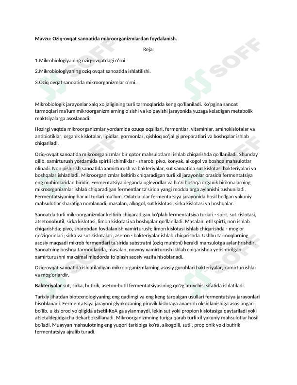 Oziq ovqat sanoatida mikroorganizmlarlardan foydalanish.