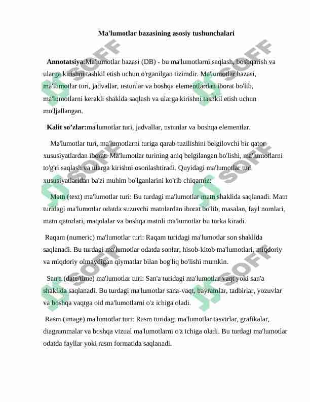 Ma'lumotlar bazasining asosiy tushunchalari