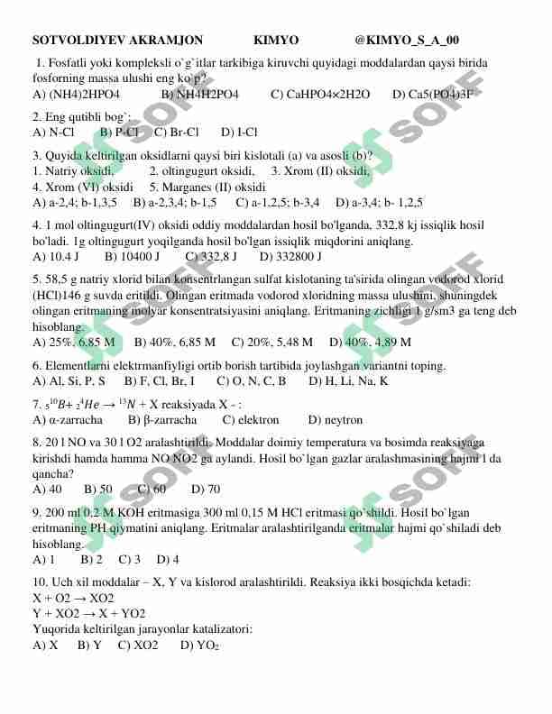 Mega kimyo Olimpiada savollari va javoblari