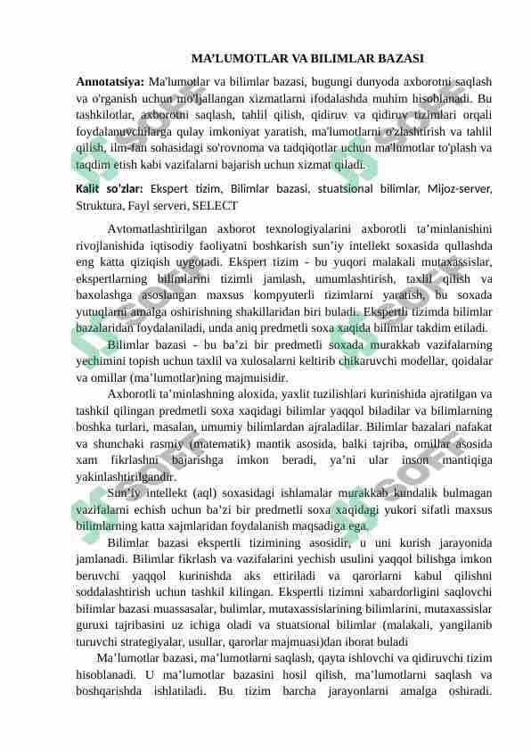 MA’LUMOTLAR VA BILIMLAR BAZASI