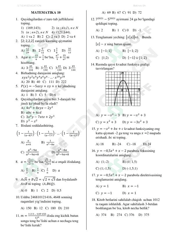 Matematika DTM test Abituriyentlar uchun