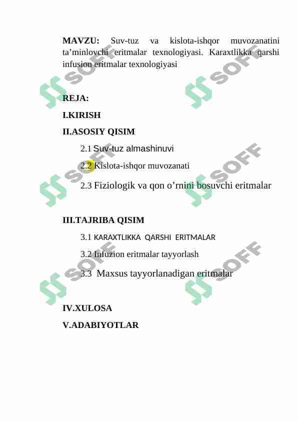 Suv-tuz va kislota-ishqor muvozanatini ta’minlovchi eritmalar texnologiyasi. Karaxtlikka qarshi infusion eritmalar texnologiyasi