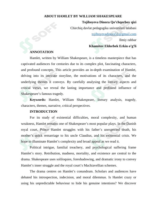 ABOUT HAMLET BY WILLIAM SHAKESPEARE