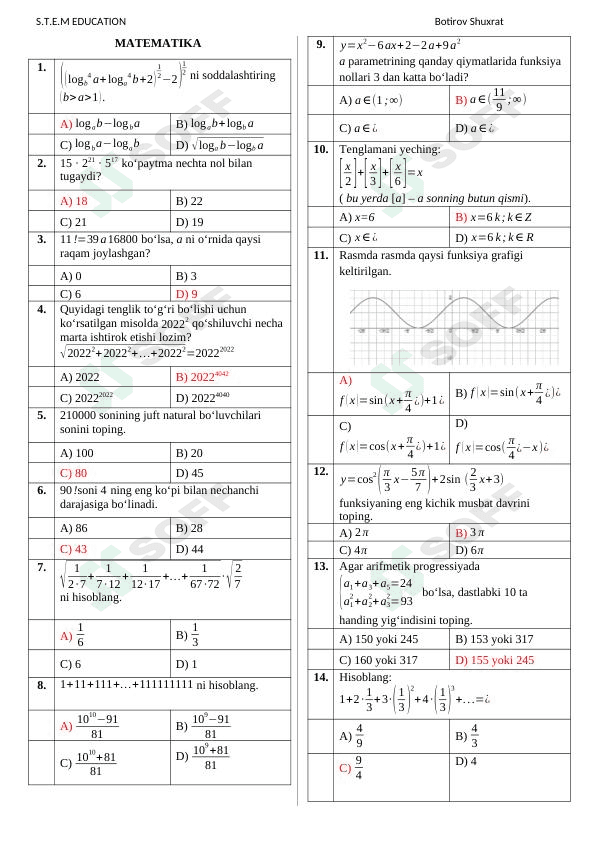 Repetitorlar uchun Matematikadan Repetitsion TEST (javobi bilan)