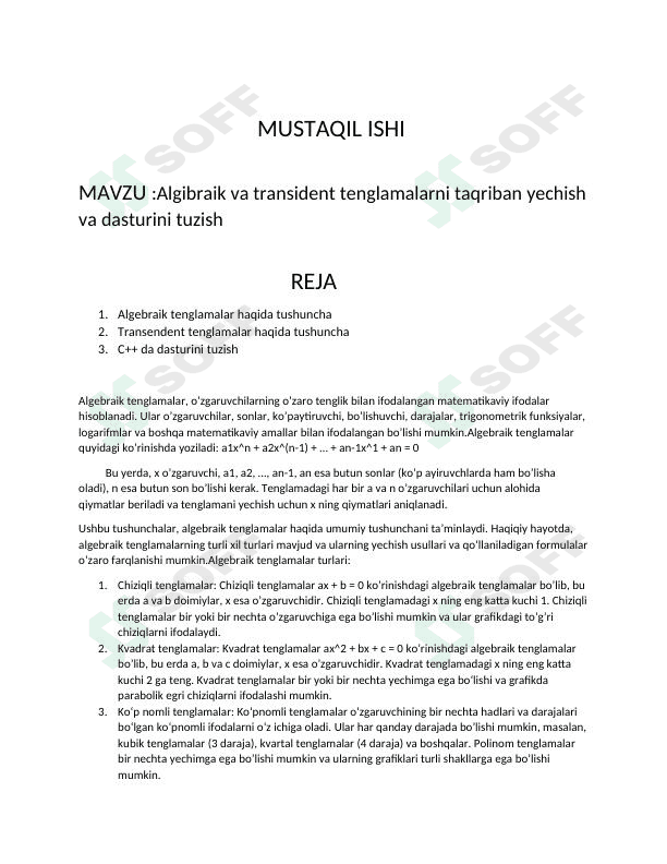 Algibraik va transident tenglamalarni taqriban yechish va dasturini tuzish