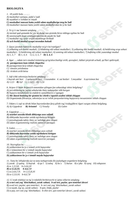 BIOLOGIY FANIDAN TESTLAR TO'PLAMI (JAVOBLI)
