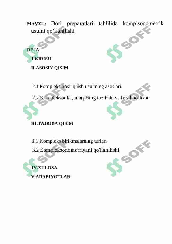 Dori preparatlari tahlilida komplsonometrik usulni qo’llanilishi