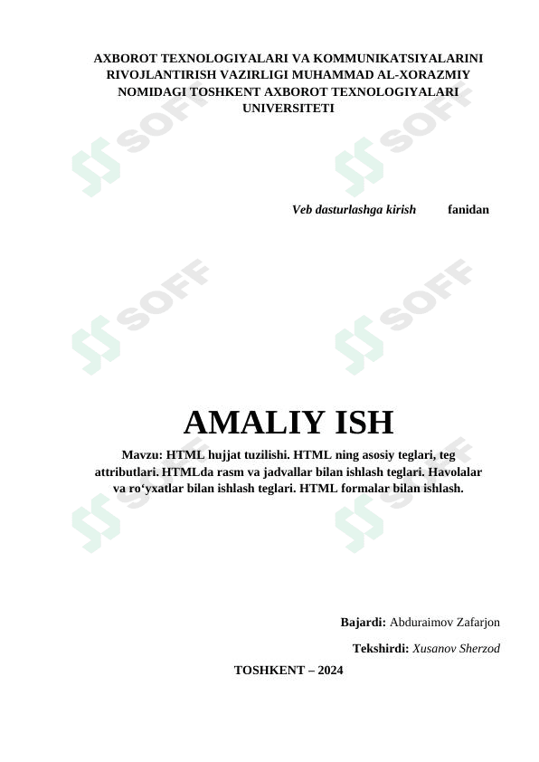 HTML hujjat tuzilishi. HTML ning asosiy teglari, teg attributlari. HTMLda rasm va jadvallar bilan ishlash teglari. Havolalar va ro‘yxatlar bilan ishlash teglari. HTML formalar bilan ishlash.