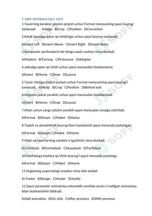 7-sinf informatika testlar