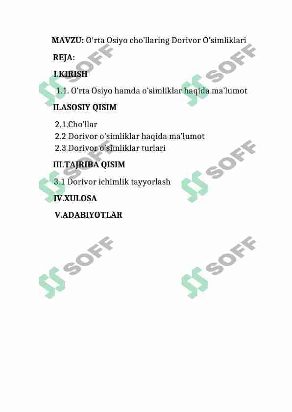 O'rta Osiyo cho’llaring Dorivor O'simliklari
