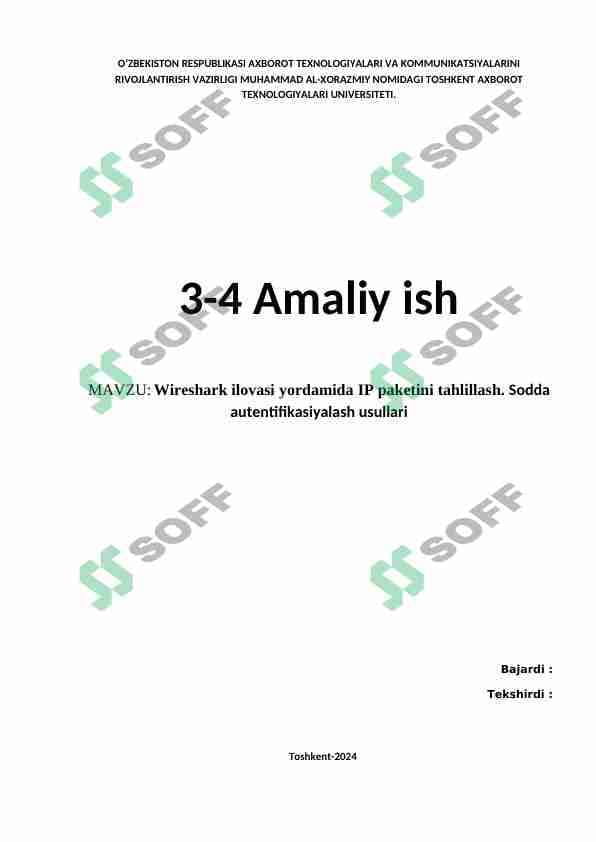 Wireshark ilovasi yordamida IP paketini tahlillash. Sodda autentifikasiyalash usullari