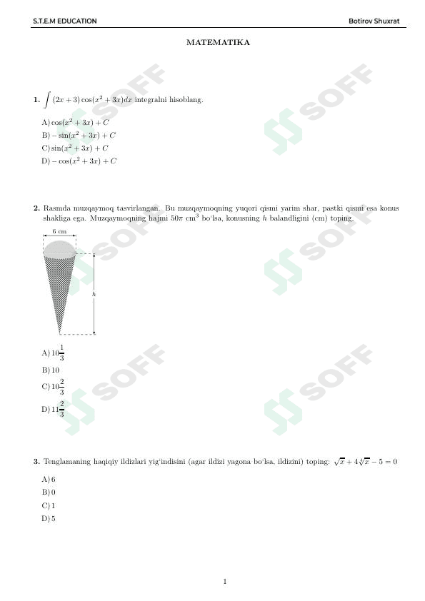 Matematika DTM testi ( Testlar DTM standartida. To'gri kaliti ham bor)