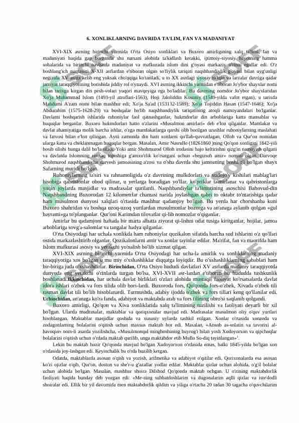 XONLIKLARNING DAVRIDA TA'LIM, FAN VA MADANIYAT