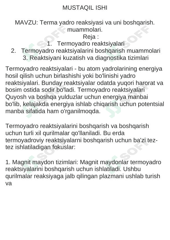 Terma yadro reaksiyasi va uni boshqarish.  muammolari.