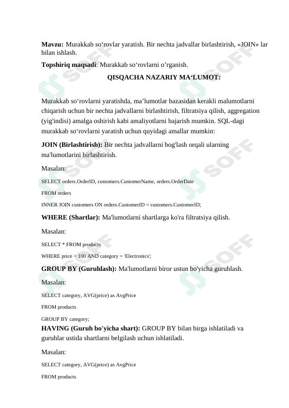 Murakkab so‘rovlar yaratish. Bir nechta jadvallar birlashtirish, «JOIN» lar bilan ishlash. ma`lumotlar bazasi