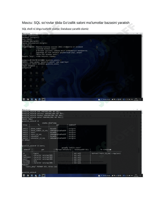 SQL so`rovlar tilida go`zallik saloni ma`lumotlar bazasini yaratish