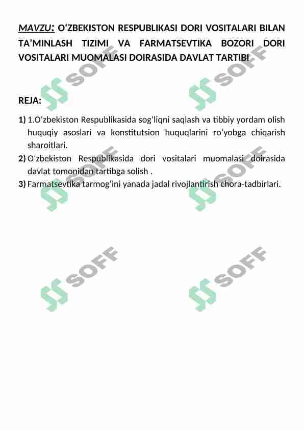 O‘ZBEKISTON RESPUBLIKASI DORI VOSITALARI BILAN TA’MINLASH TIZIMI VA FARMATSEVTIKA BOZORI DORI VOSITALARI MUOMALASI DOIRASIDA DAVLAT TARTIBI