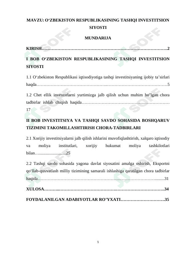 O‘ZBEKISTON RESPUBLIKASINING TASHQI INVESTITSION SIYOSTI