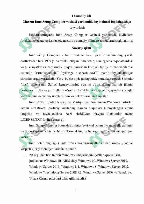 Inno Setup Compiler vositasi yordamida loyihalarni foydalanishga  tayyorlash