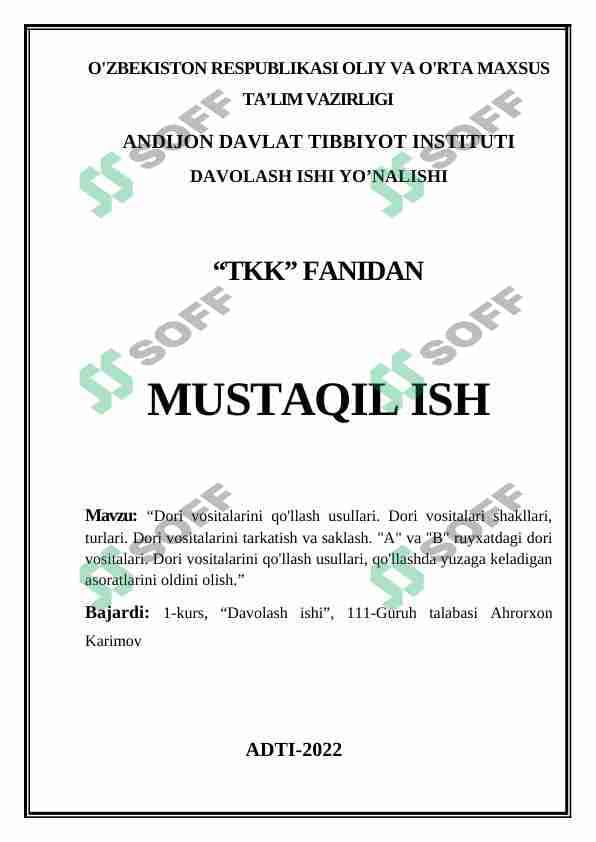 Dori vositalarini qo'llash usullari. Dori vositalari shakllari, turlari. Dori vositalarini tarkatish va saklash. "A" va "B" ruyxatdagi dori vositalari. Dori vositalarini qo'llash usullari, qo'llashda yuzaga keladigan asoratlarini oldini olish