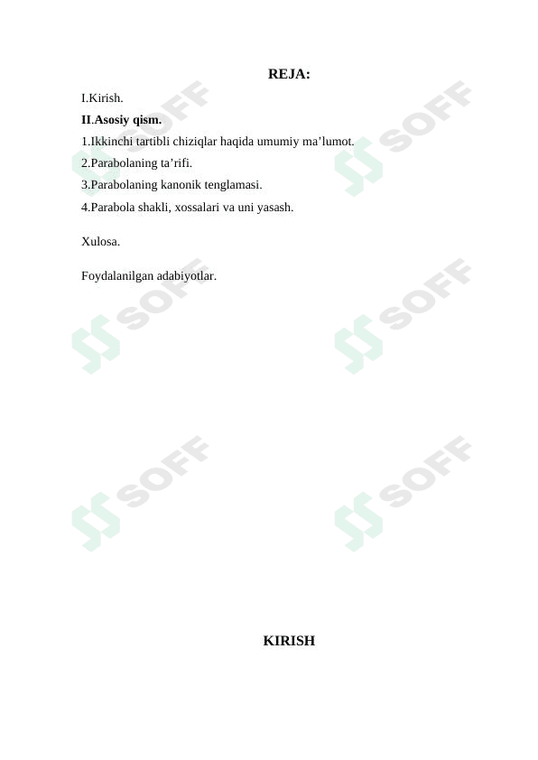 Parabola va uning kanonik tenglamasi, xossalari