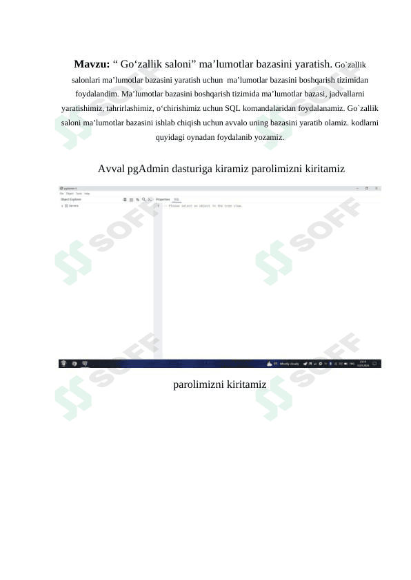 go`zalik saloni ma`lumotlar bazasini yaratish
