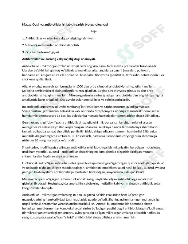 Oqsil va antibiotiklar ishlab chiqarish