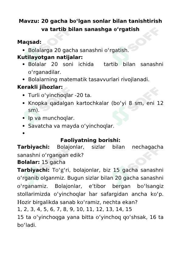 Mashg'ulot ishlanma: 20 gacha bo‘lgan sonlar bilan tanishtirish.