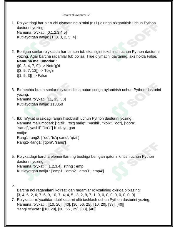 Python dasturlash tilida  List if str  mavzularida masalalar