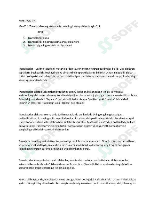 Tranzistirlarning zamonaviy texnologik evolyutsiyasidagi o‘rni