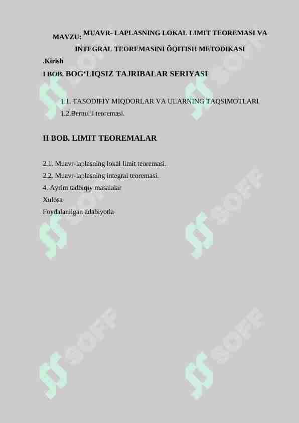 MUAVR- LAPLASNING LOKAL LIMIT TEOREMASI VA INTEGRAL TEOREMASINI ÕQITISH METODIKASI