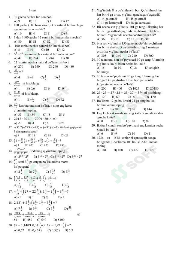 Matematik fanidan testlar