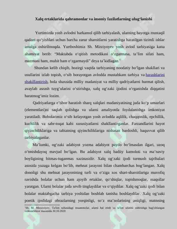 Xalq ertaklarida qahramonlar va insoniy fazilatlarning ulug‘lanishi (malumot sifatida )