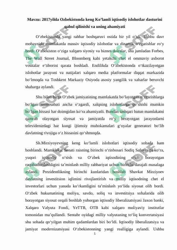 2017yilda O'zbekistonda keng Ko’lamli iqtisodiy islohotlar dasturini qabul qilinishi va uning ahamiyati