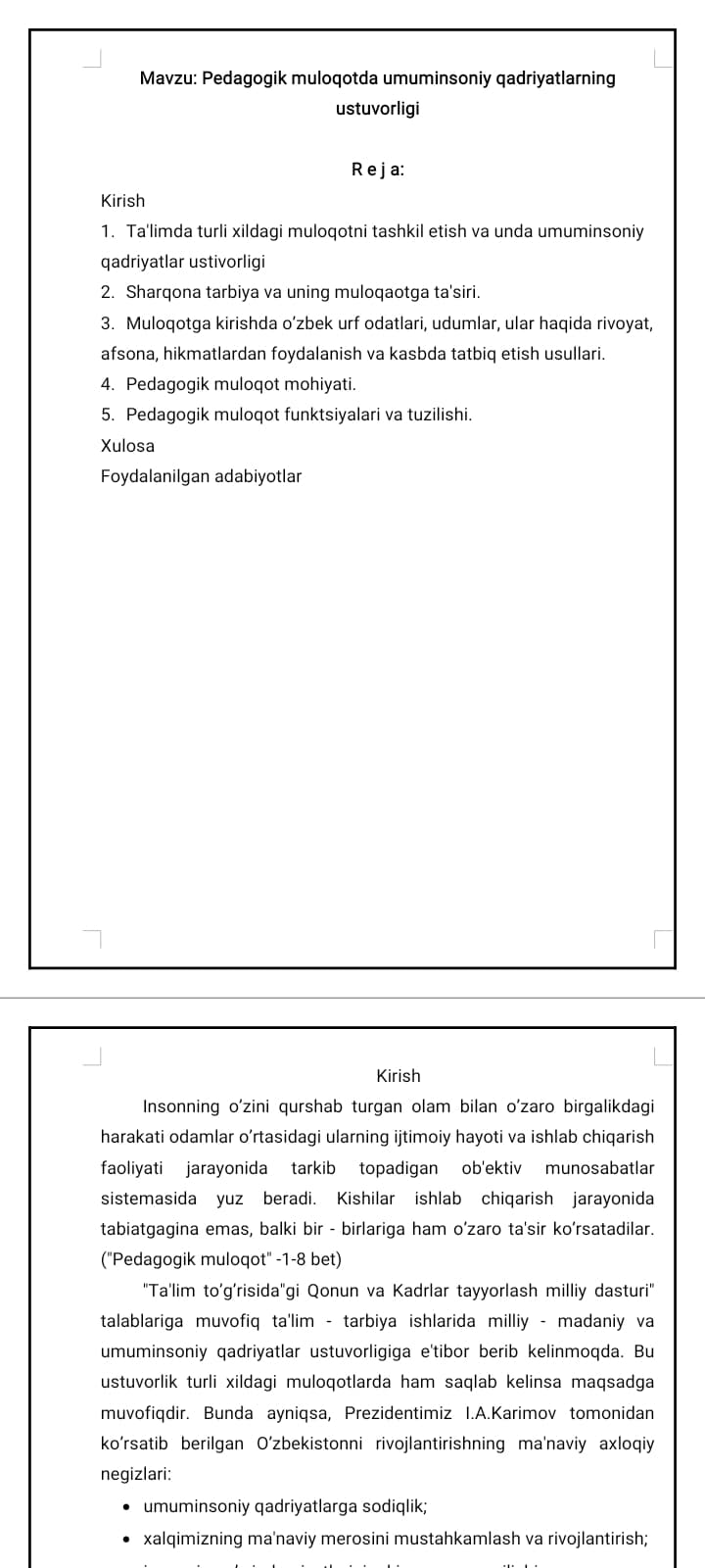 Pedagogik muloqotda umuminsoniy qadriyatlarning ustuvorligi
