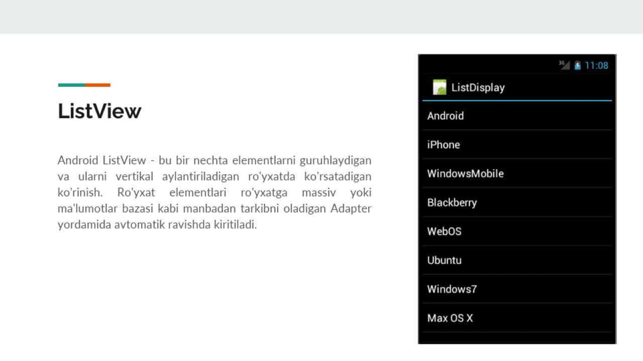 MOBIL ILOVALAMI ISHLAB CHIQISHDA RO‘YXATLAR VA ADAPTERLAR FOYDALANISH. BASEADAPTER