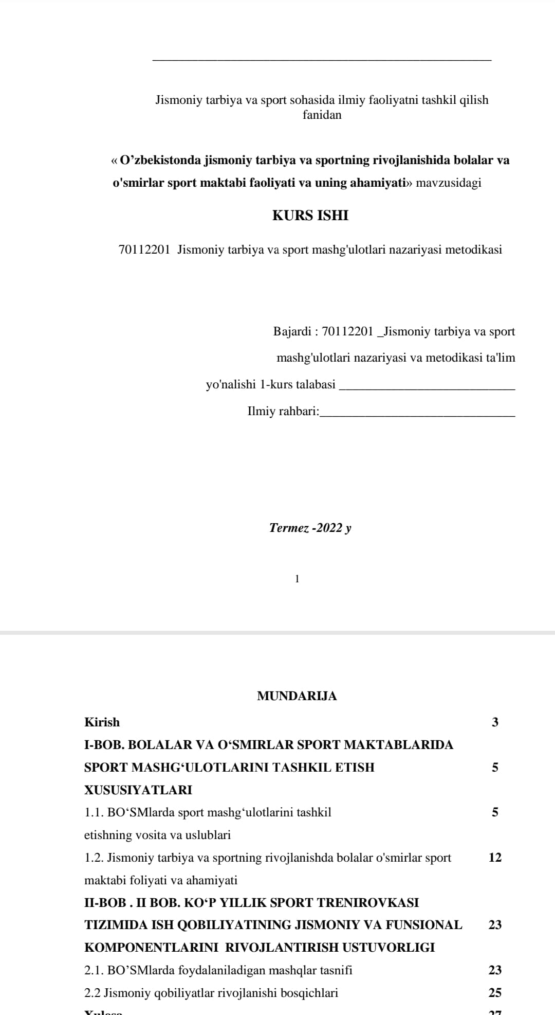 O’zbekistonda jismoniy tarbiya va sportning rivojlanishida bolalar va  o'smirlar sport maktabi faoliyati va uning ahamiyati» mavzusidag