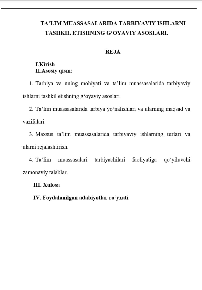 TA’LIM MUASSASALARIDA TARBIYAVIY ISHLARNI TASHKIL ETISHNING GʻOYAVIY ASOSLARI