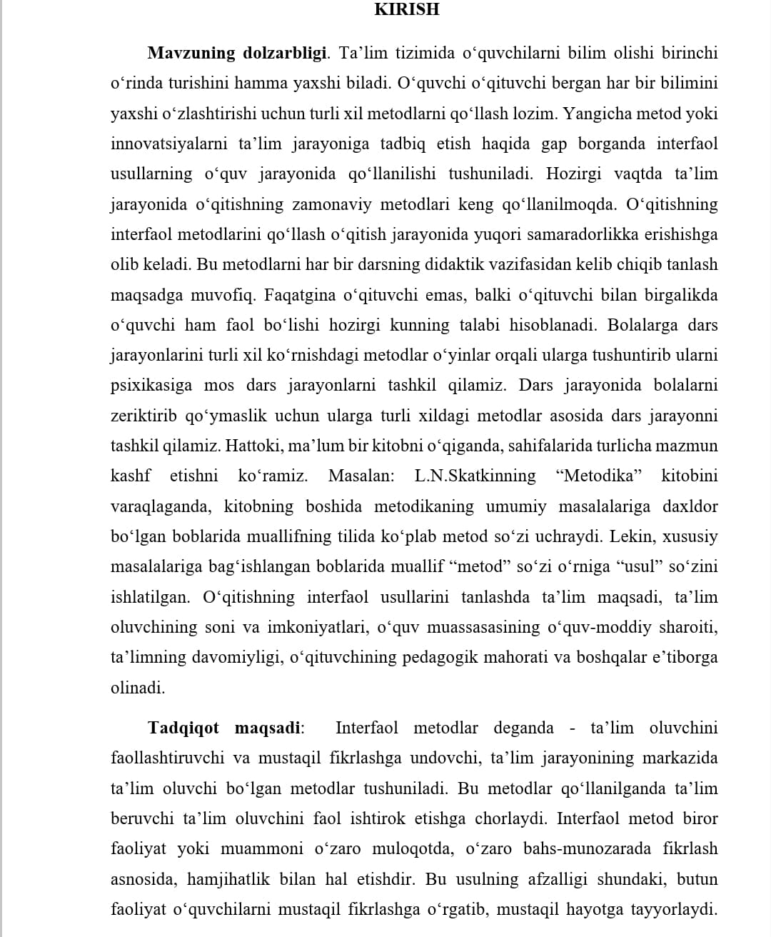 Boshlang'ich sinflarda interfaol metodlarda foydalanish kurs ishi