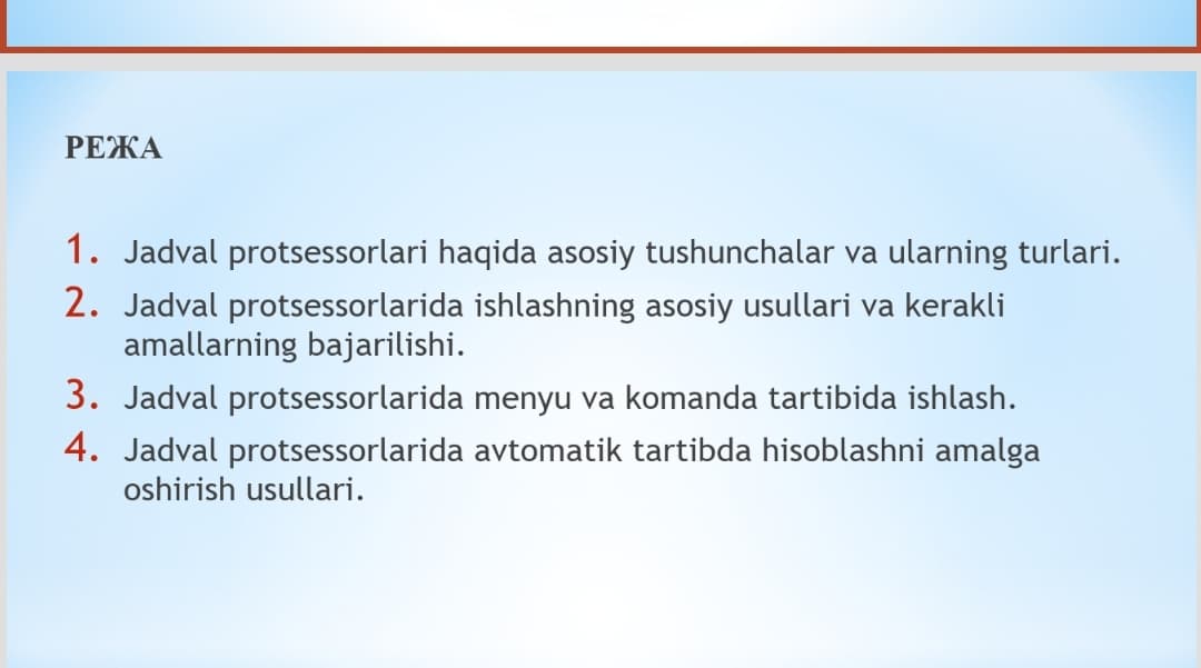 Miqdoriy ko’rsatkichlarga asoslangan axborotlarni yaratish va ishlov berish texnologiyalari