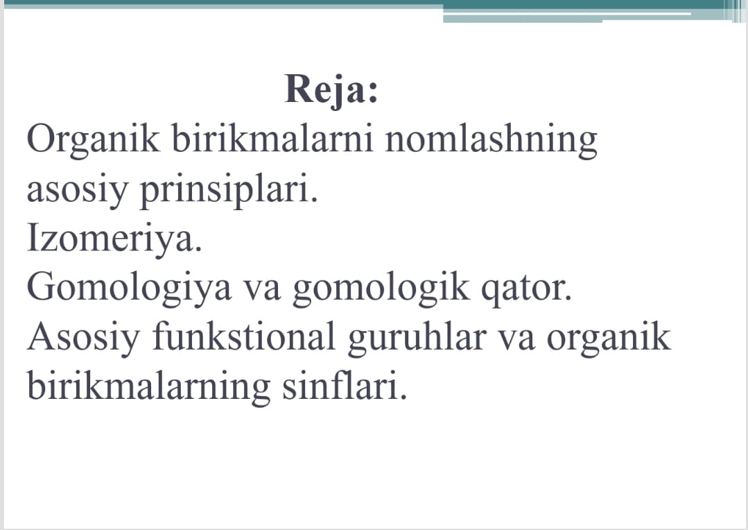 Organik birikmalarning klassifikatsiyasi.
To'yingan va to'yinmagan uglevodorodlar