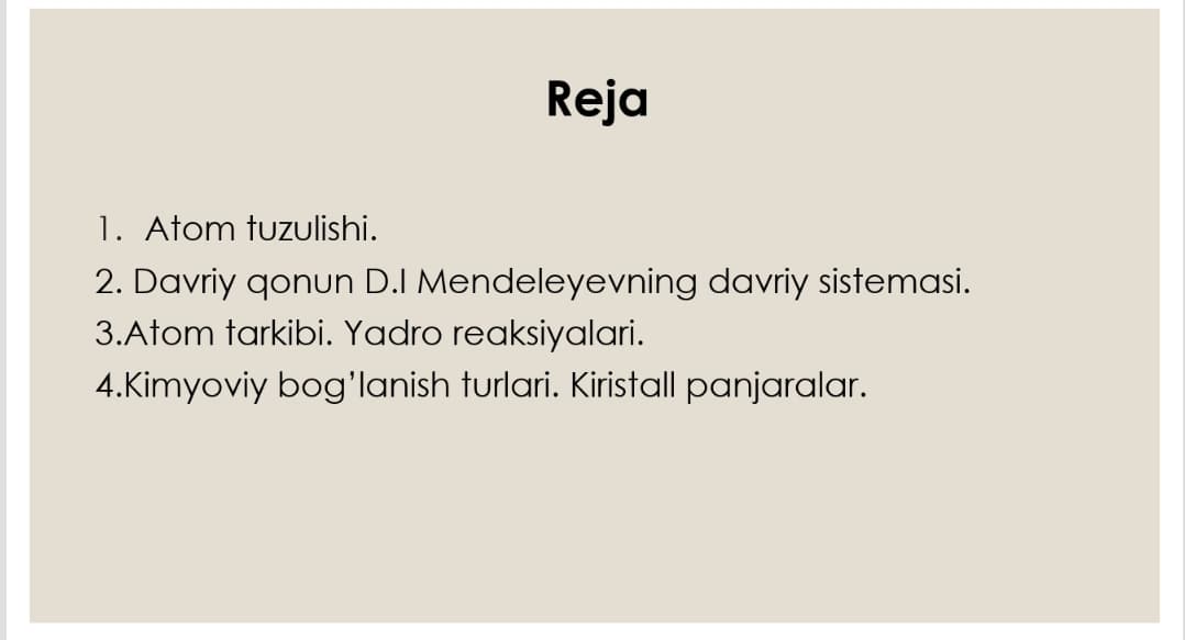 Atom tuzulishi Davriy qonun Mendeleyning davriy sistemasi